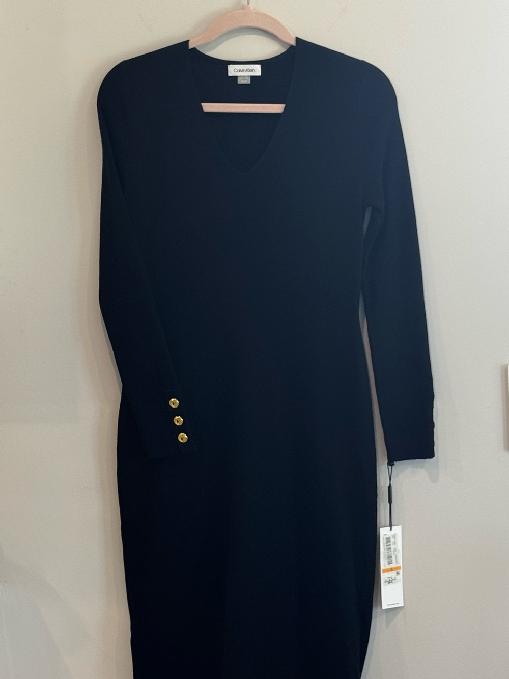 Calvin Klein Black Sweater Dress Gold Button V Neck NWT S - Picture 14 of 15